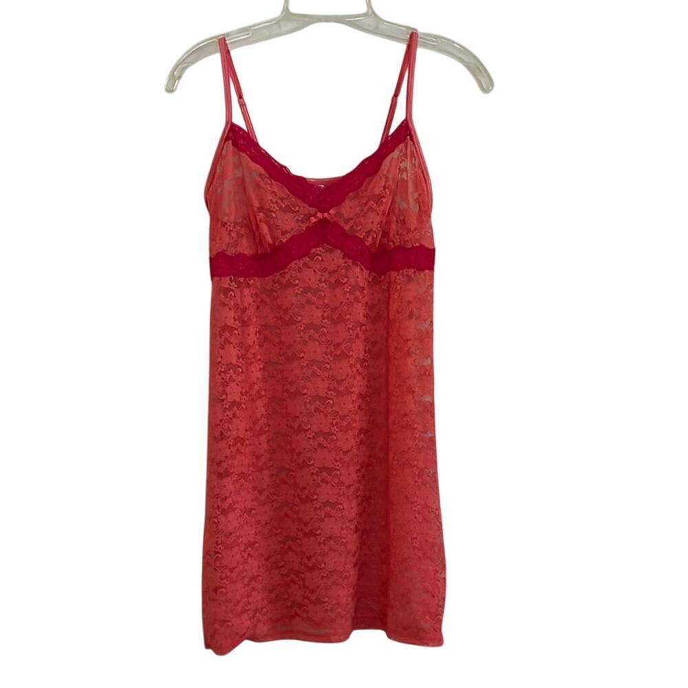 Babydoll Lace Slip Dress Y2K Womens Size L Coral SemiSheer Layer Feminine Sexy